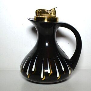 Vintage Evans Table Top Ewer Style Lighter Black Ceramic White And Gold